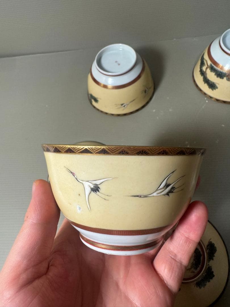 2573 九谷焼　松鶴　蓋付き碗　3客　時代物