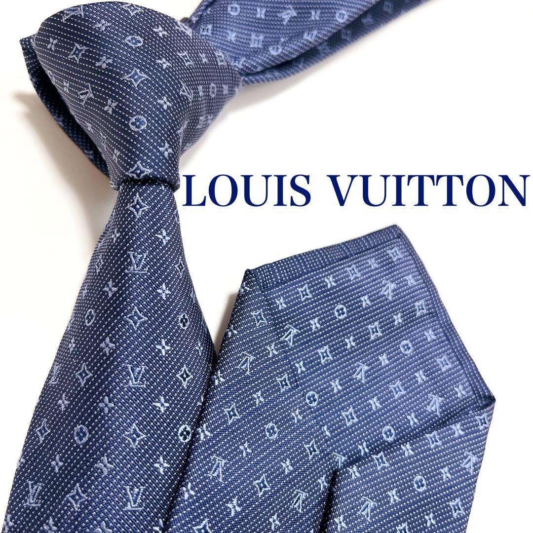 美品 ルイヴィトン ネクタイ ハイブランド モノグラム 光沢 ジャガード織り 紺