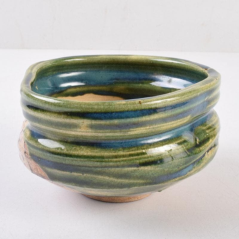 織部焼　古瀬戸窯　加藤作助作　手捻り茶碗　共箱　C　R8994