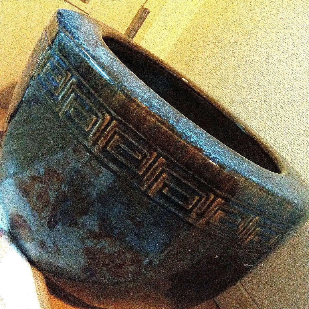 幾何学模様の青茶火鉢★水鉢★金魚鉢等用途多彩