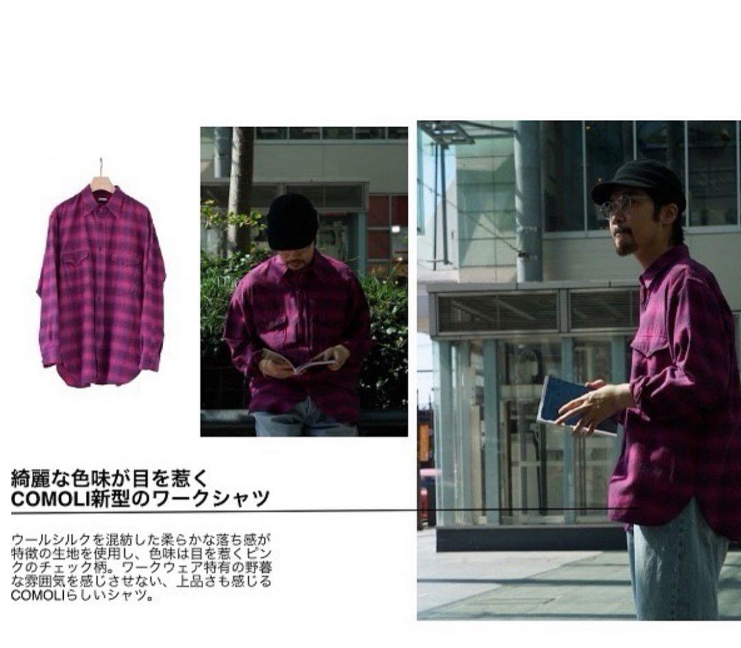 COMOLI コモリ ウールシルク ワークシャツ ピンク 3