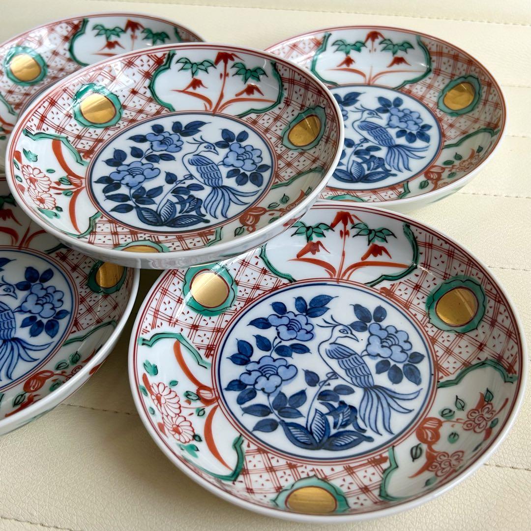 清水焼　京焼　呉須赤絵花鳥　金彩　銘々皿揃　5枚セット　取り皿　古伊万里　色絵