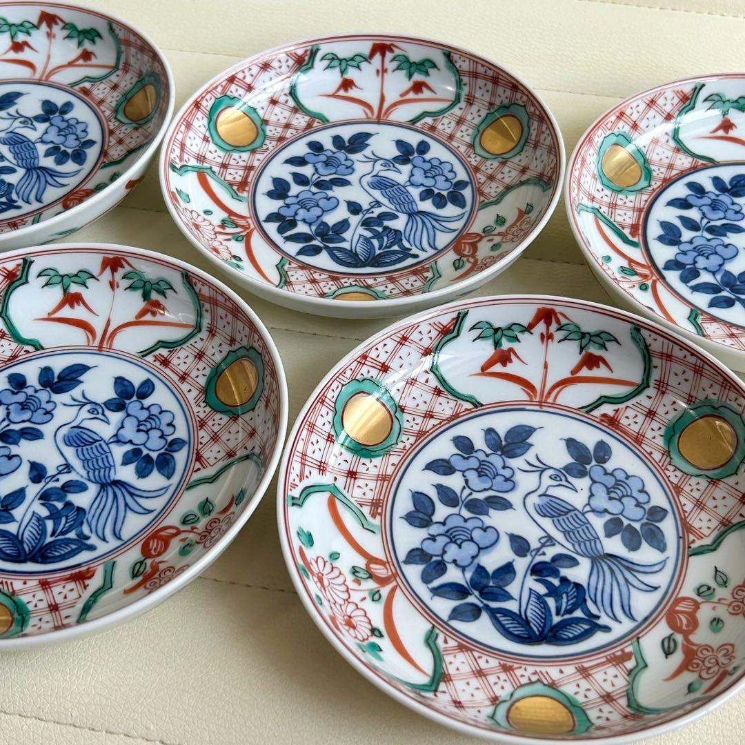 清水焼　京焼　呉須赤絵花鳥　金彩　銘々皿揃　5枚セット　取り皿　古伊万里　色絵