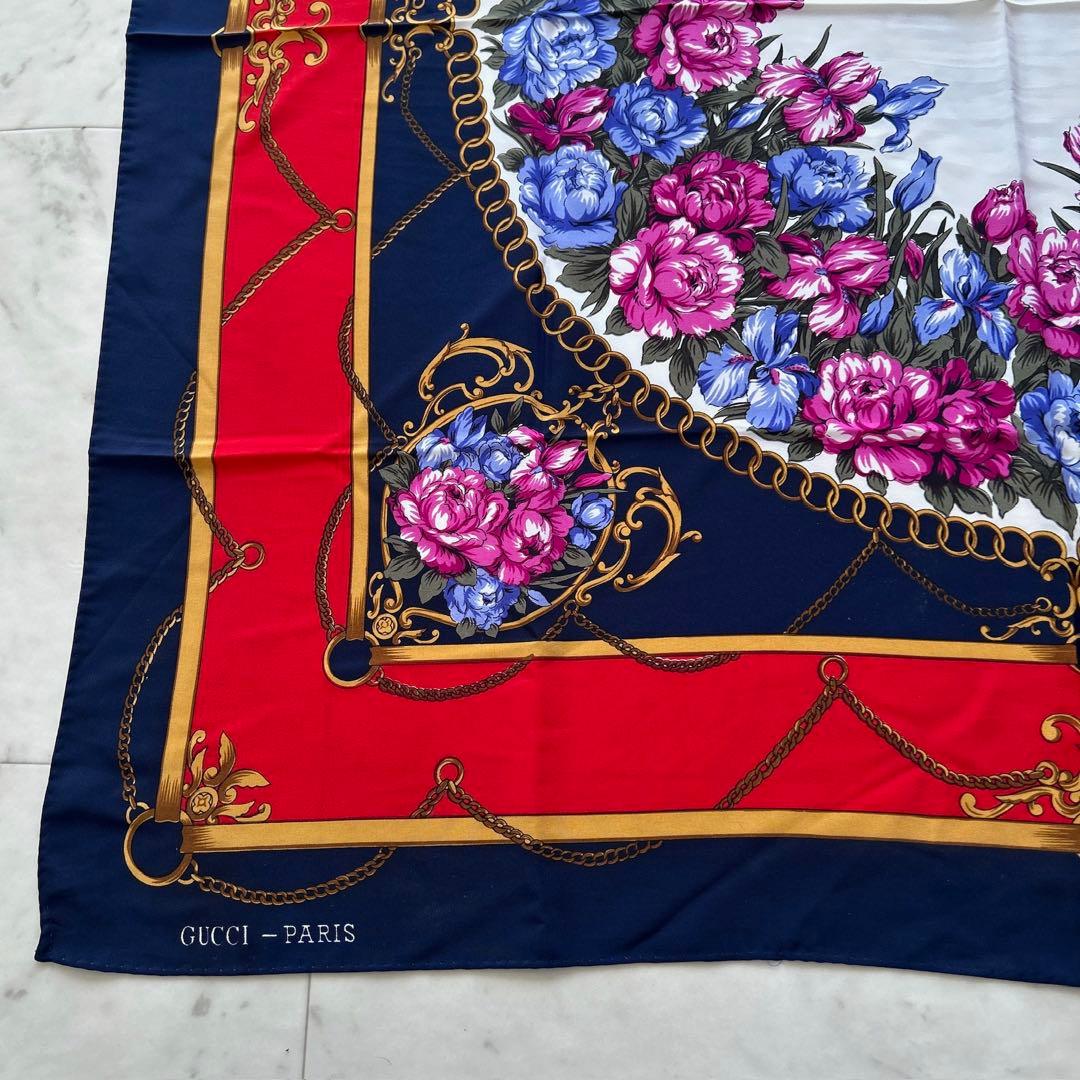 GUCCI グッチ 大判スカーフ 花柄 美品 シルク 85×87cm ネイビー