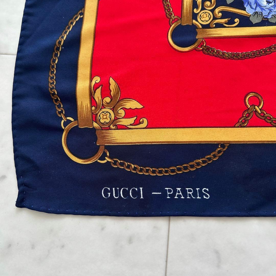 GUCCI グッチ 大判スカーフ 花柄 美品 シルク 85×87cm ネイビー