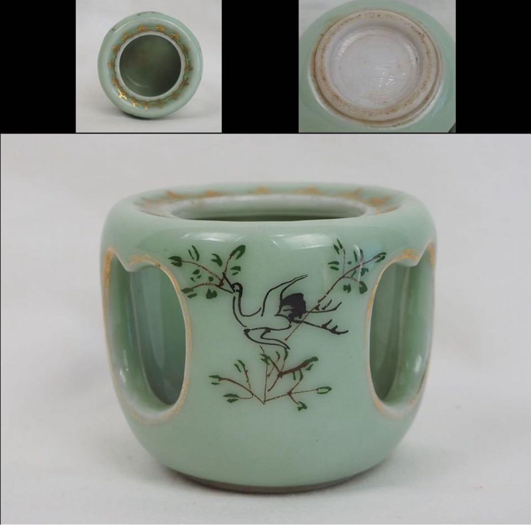 送料無料　明治時代　鶴文青磁蓋置　検/楽山紫砂九谷備前萩焼常滑宝生伊万里骨中