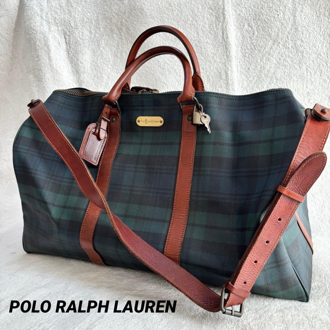 ポロラルフローレン ボストンバッグ 2WAY PVCレザー ブラックウォッチ 緑