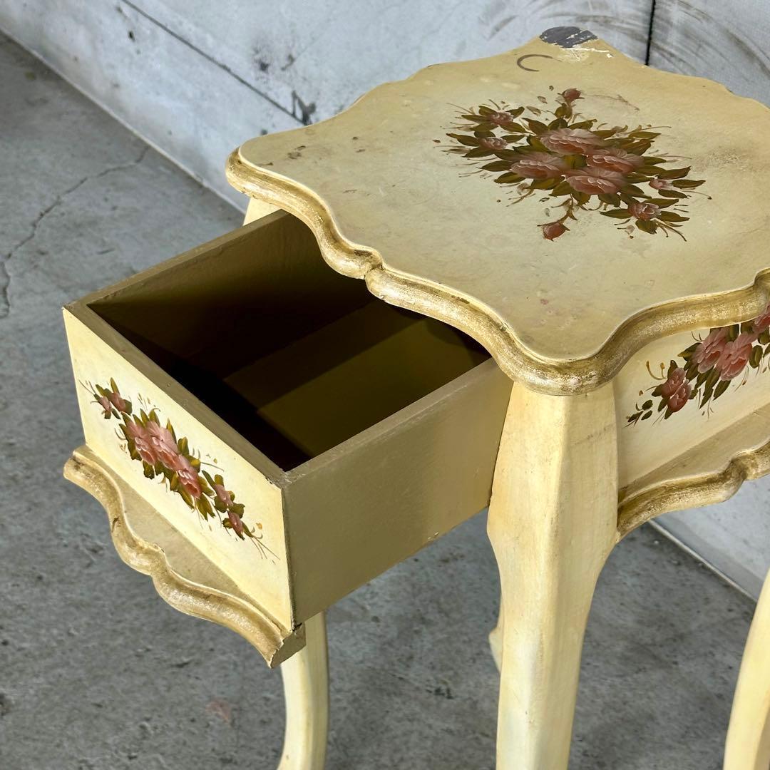 イタリア製 サイドテーブル 猫脚 ローズ ハンドペイント アンティーク シャビー