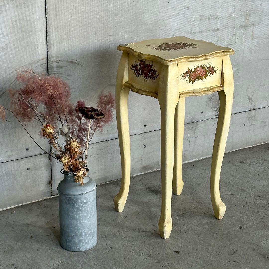 イタリア製 サイドテーブル 猫脚 ローズ ハンドペイント アンティーク シャビー