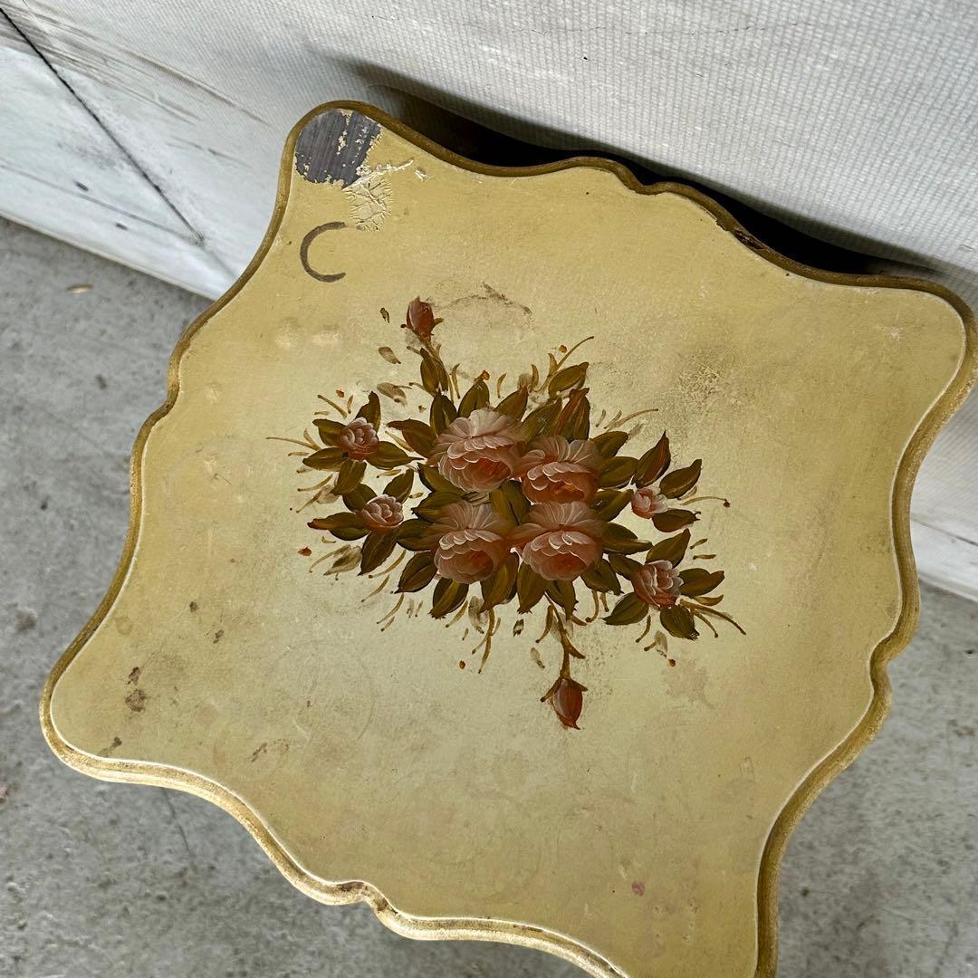 イタリア製 サイドテーブル 猫脚 ローズ ハンドペイント アンティーク シャビー