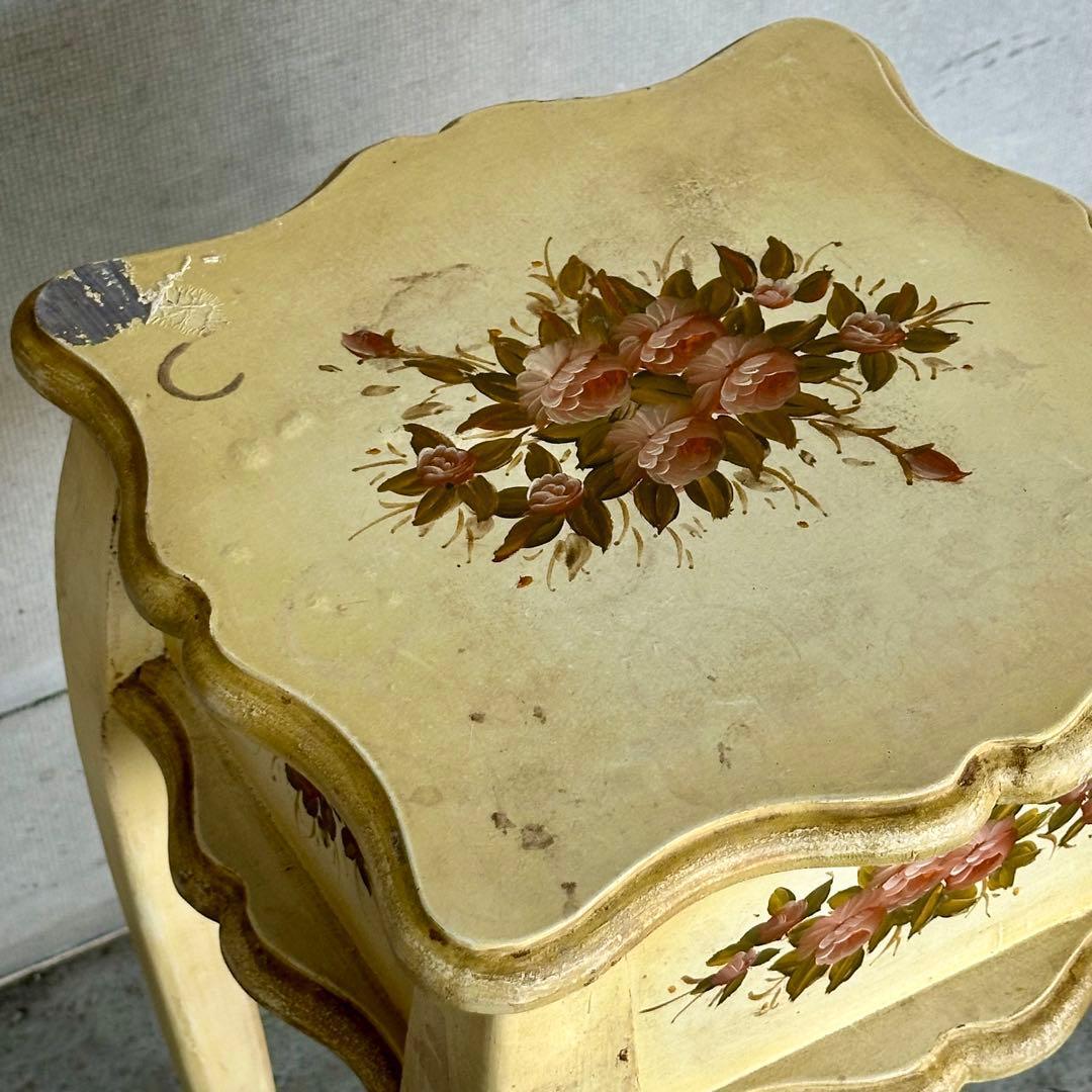 イタリア製 サイドテーブル 猫脚 ローズ ハンドペイント アンティーク シャビー