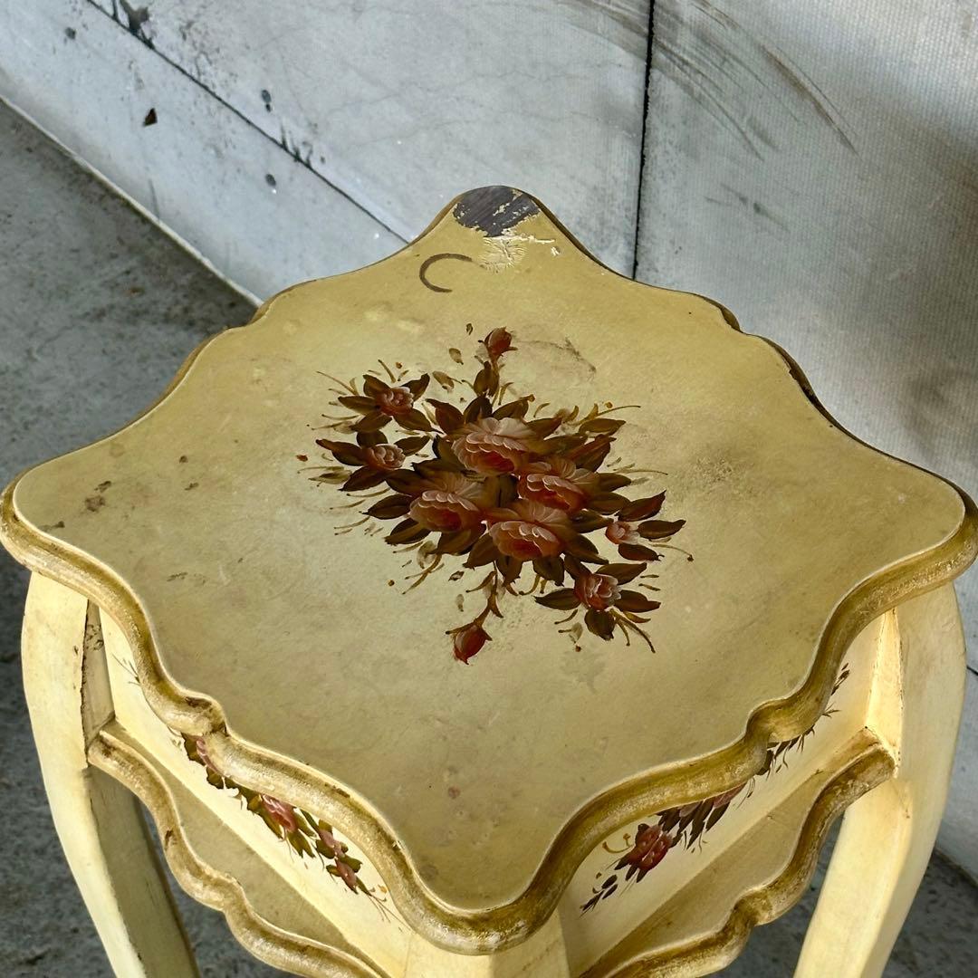 イタリア製 サイドテーブル 猫脚 ローズ ハンドペイント アンティーク シャビー