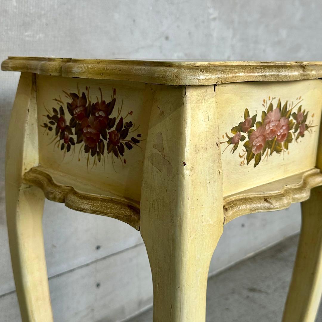 イタリア製 サイドテーブル 猫脚 ローズ ハンドペイント アンティーク シャビー