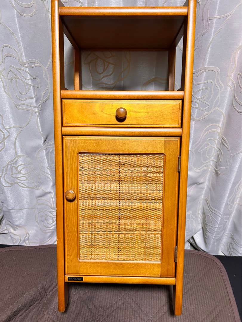 オールドカリモク　ラタン 電話台 チェスト 籐扉 レトロ 木製キャビネット