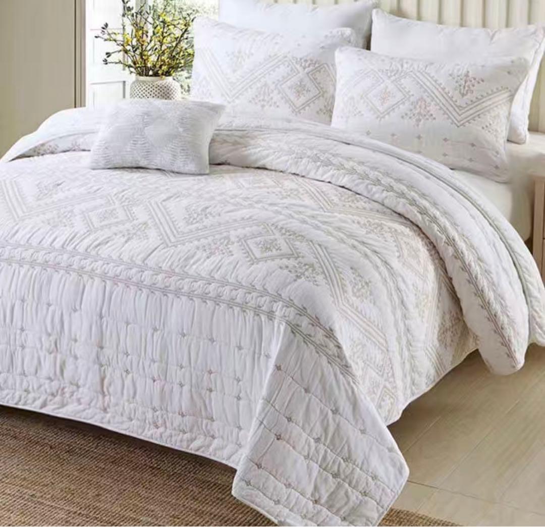 大判 刺繍キルトベッドカバー3点セット綿100%