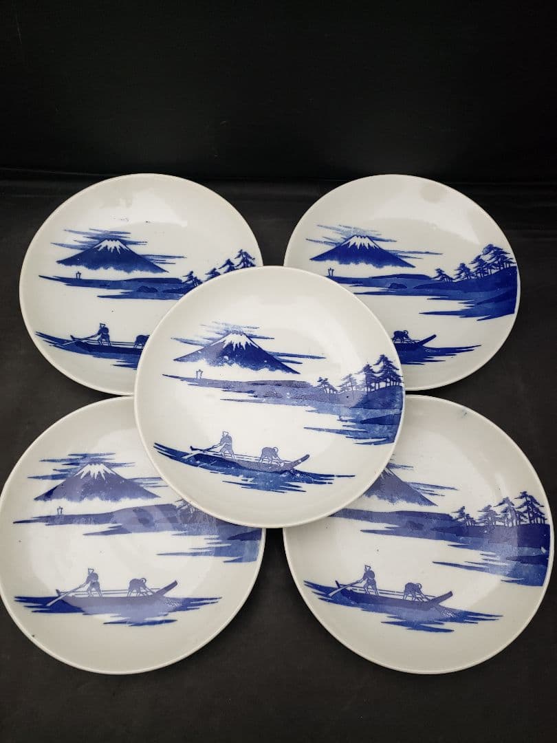 古伊万里　染付皿　5枚　富士山　三保の松原　アンティーク