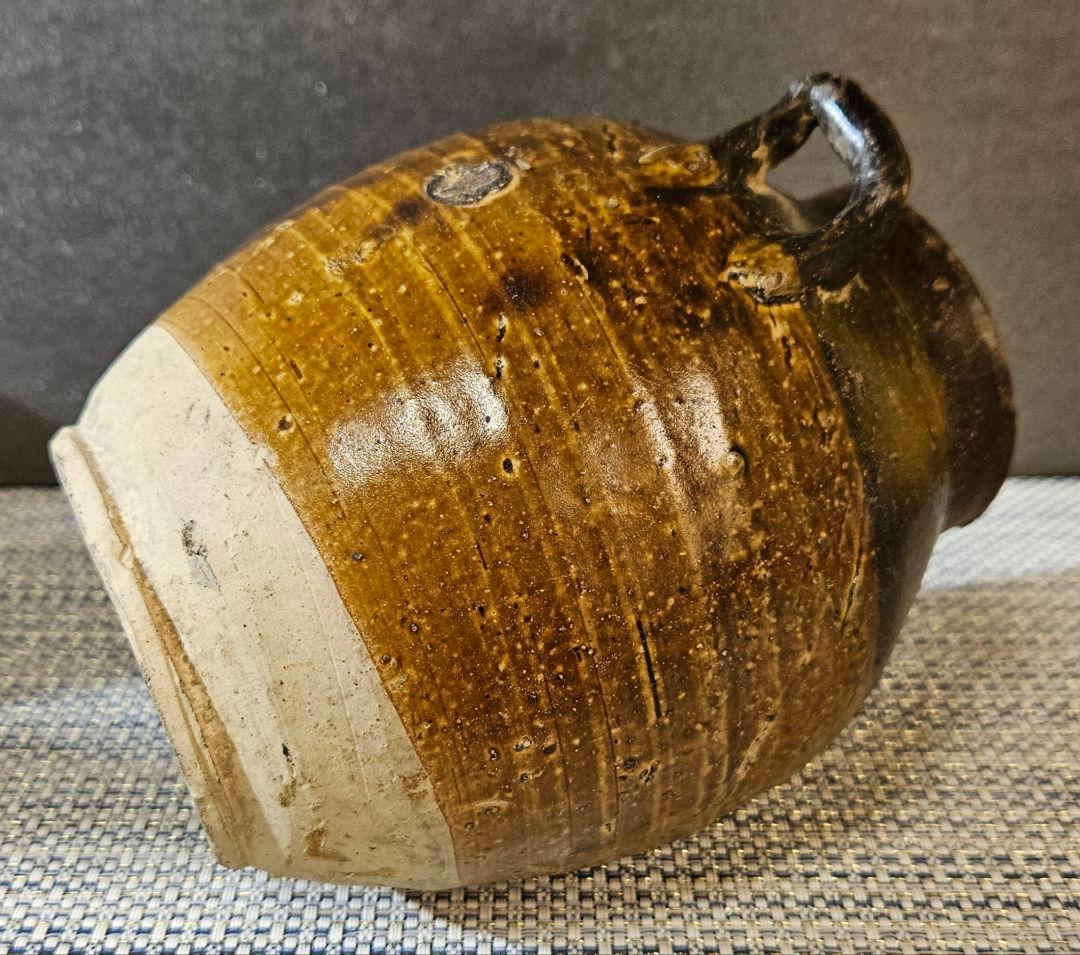 中国古陶磁器　古玩　宋時代　磁州窯系　 褐釉　双耳　胴継ぎ　壺　花入れ　伝世箱付