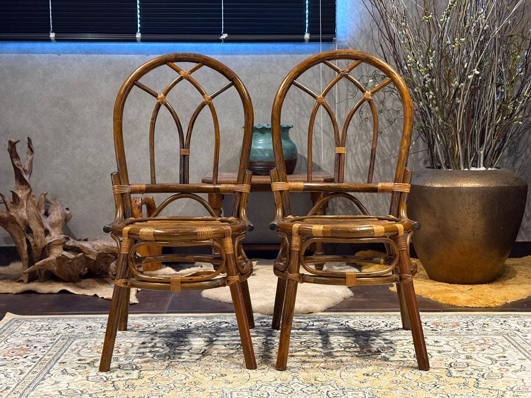 ラタン 籐家具 丸テーブル ダイニングチェア 台湾製 曲木 ビンテージ IG
