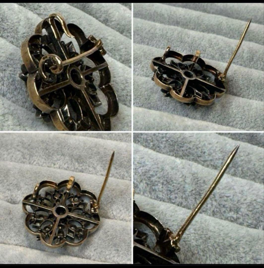 フランス　アンティーク　18金　ブローチ 花型　沢山のローズカットダイヤ。