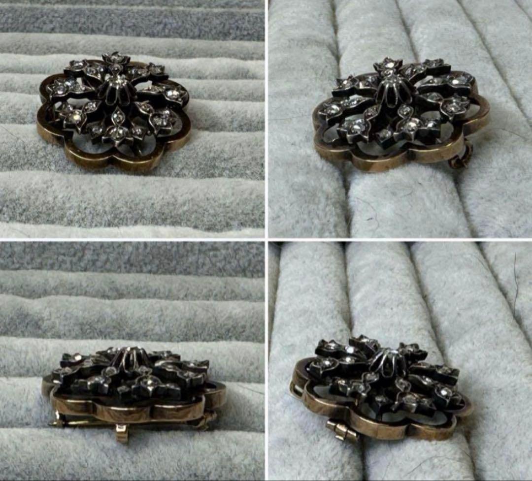 フランス　アンティーク　18金　ブローチ 花型　沢山のローズカットダイヤ。
