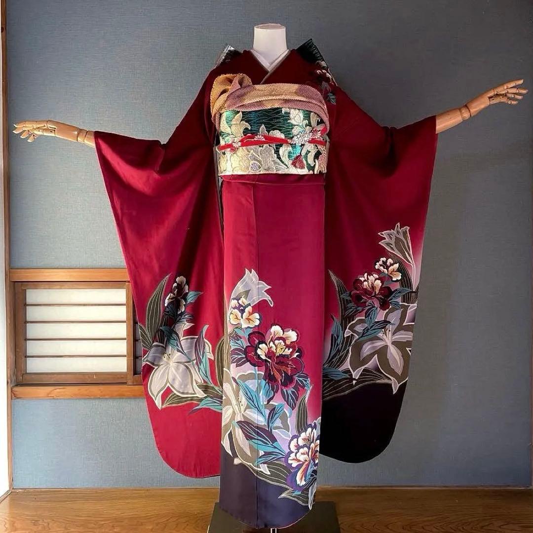 振袖フルセット　高身長　刺繍友禅　成人式振袖　振袖　裄丈69 ➕サイズ　赤系