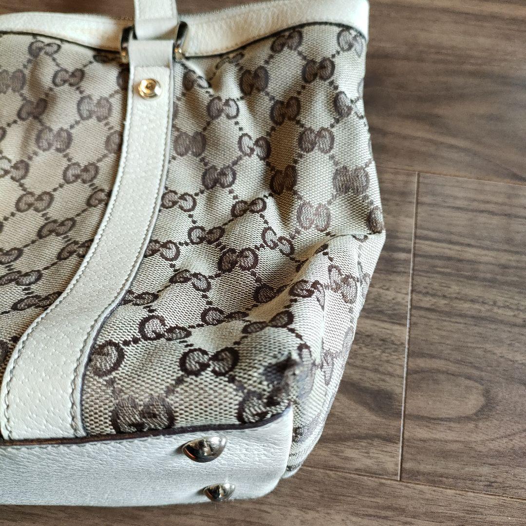 グッチ キャンバス ボストンバッグ ベージュ GG レザー 金具付