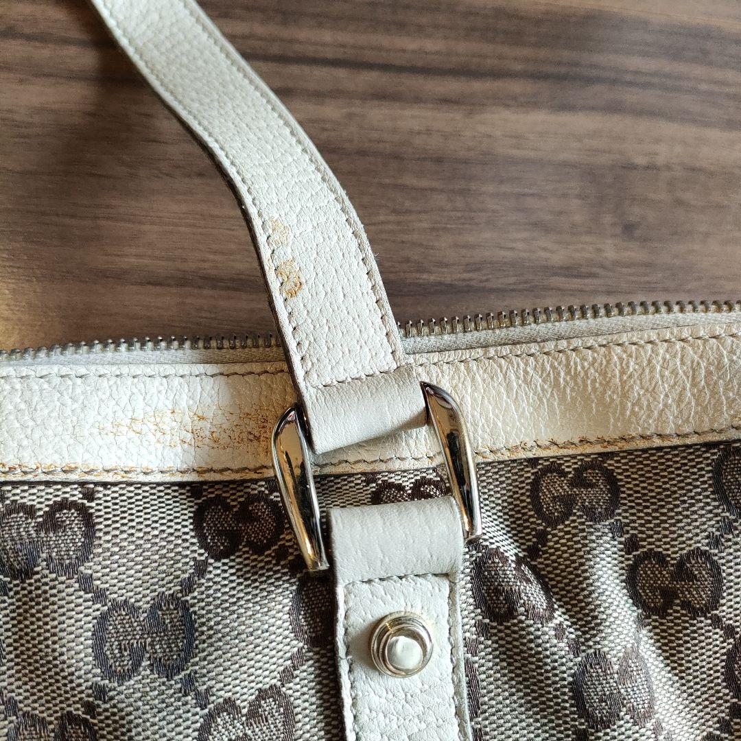 グッチ キャンバス ボストンバッグ ベージュ GG レザー 金具付