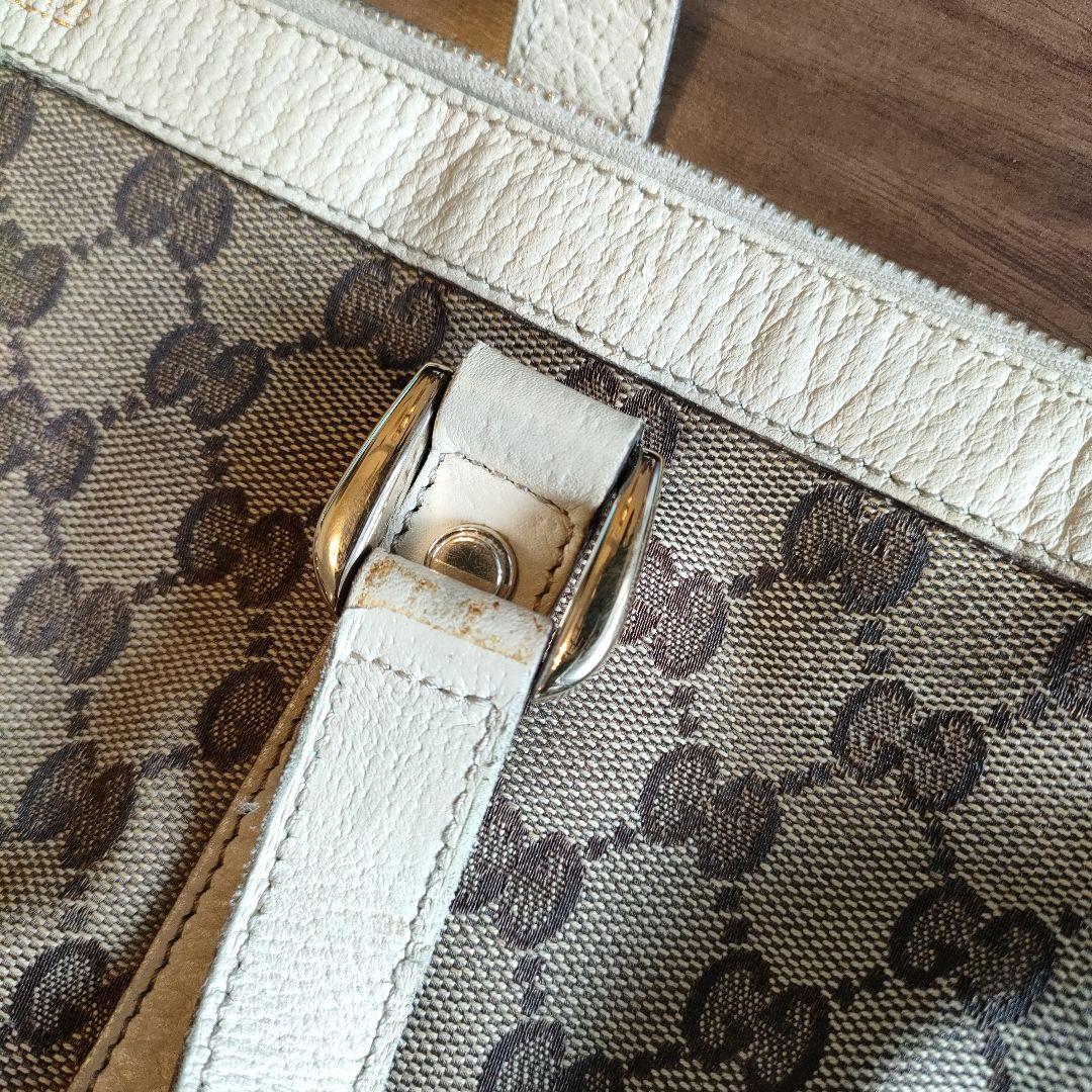 グッチ キャンバス ボストンバッグ ベージュ GG レザー 金具付