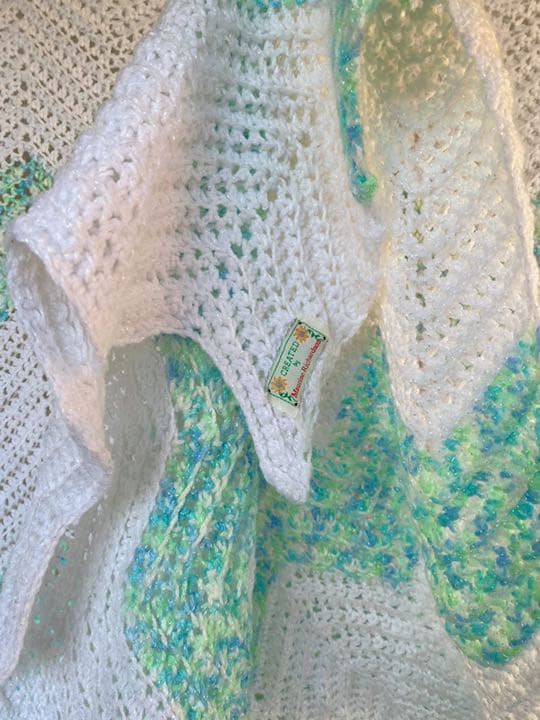 古着 ビンテージ 80s 白 緑 グラニー ブランケット キャンプ ラグ