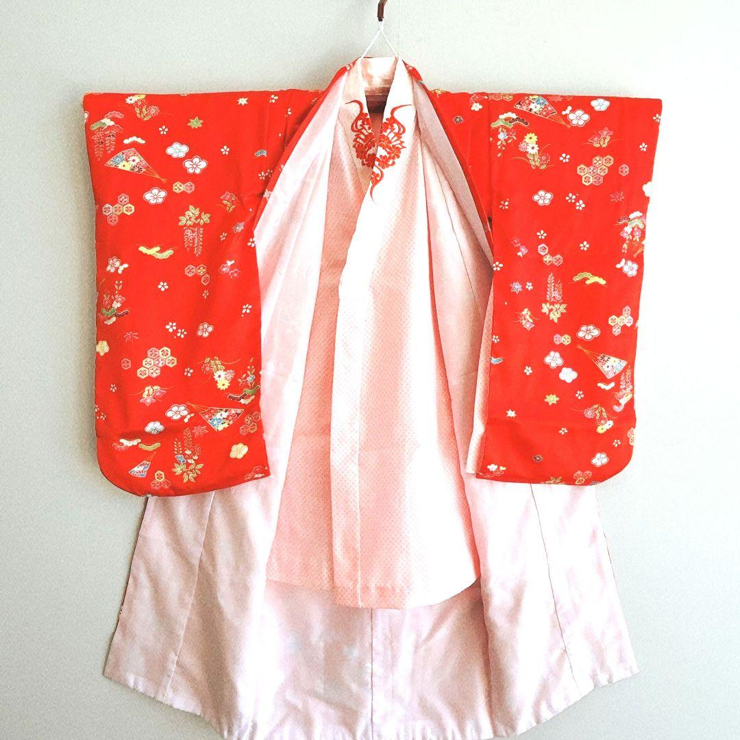 美品　フルセット 七五三3歳　赤地　草履　巾着　長着×襦袢×被布　箱入り　藤扇梅