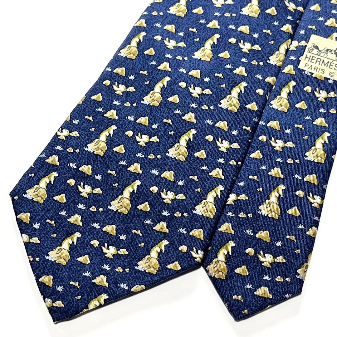 3192✨極美品✨エルメス ネクタイ 総柄 プレーリードッグ 動物 草原 岩石