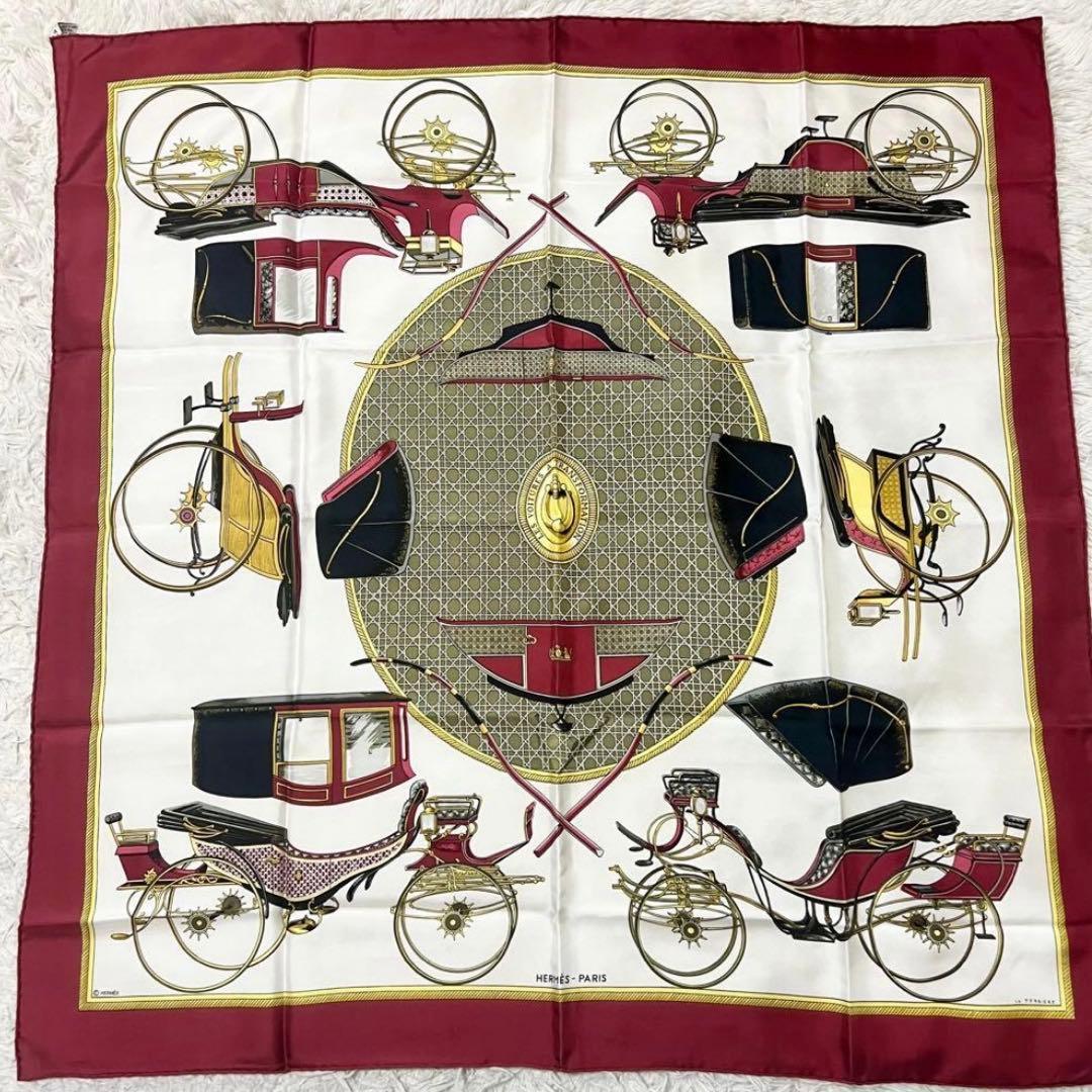 【美品】HERMES エルメス　スカーフ　カレ　馬車　えんじ　ボルドー