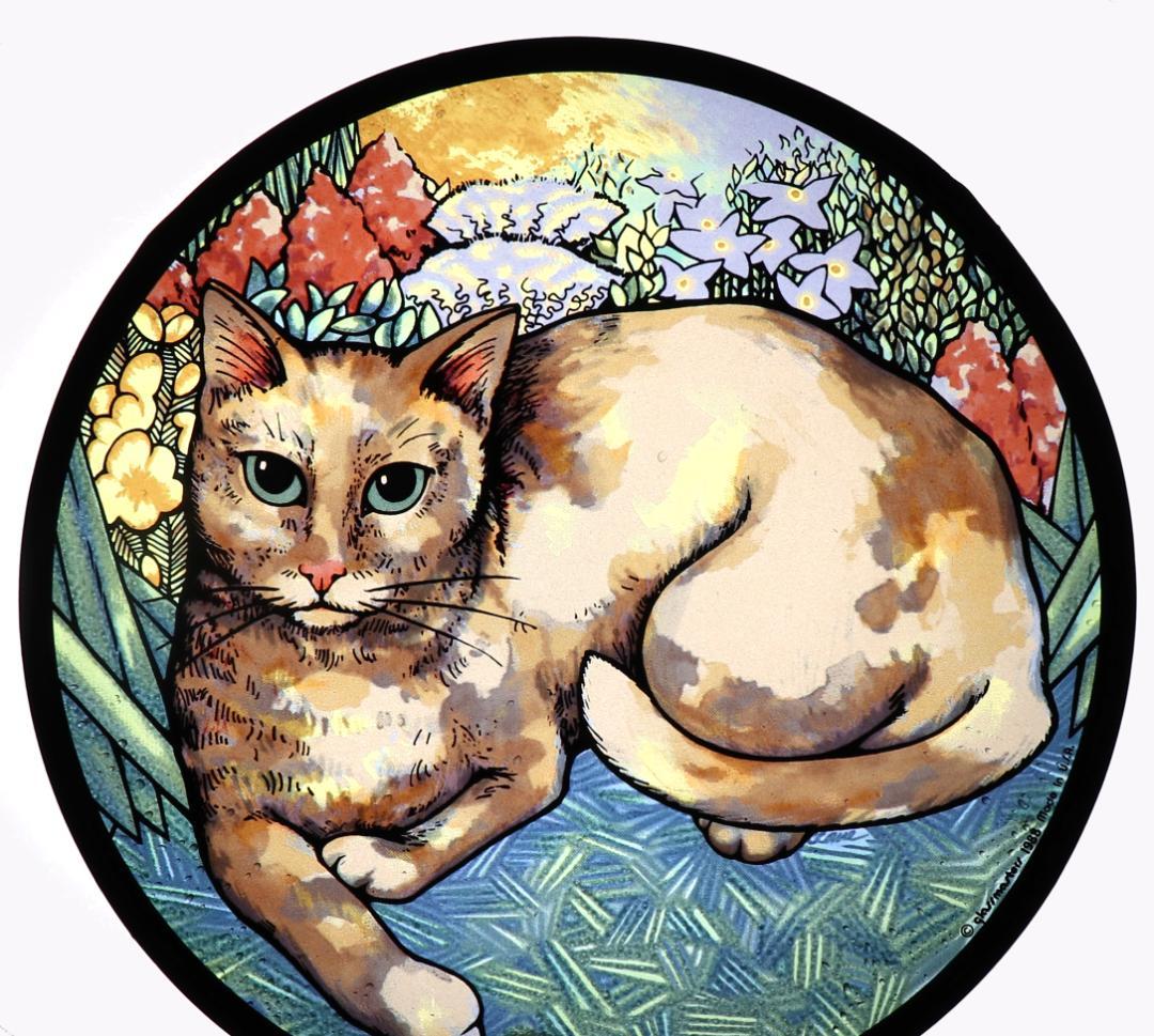 草むらで佇む猫 ヴィンテージ ステンドグラス レアモデル 丸型 ネコ アメリカ