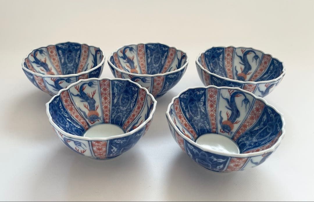 間取り龍赤絵地紋輪花小鉢 5点セット