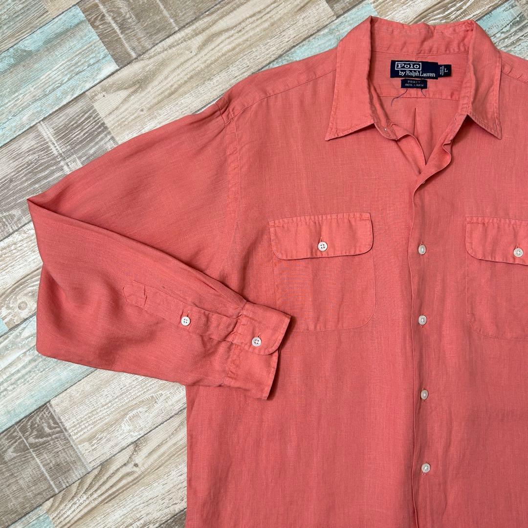 90s ラルフローレン PRATT 長袖シャツ 無地 サーモンピンク リネン L
