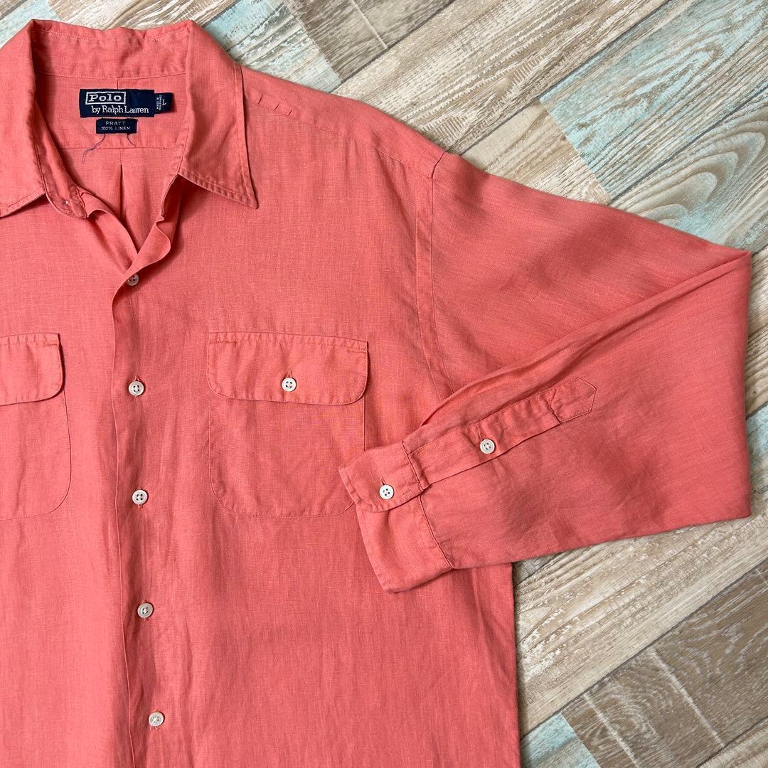 90s ラルフローレン PRATT 長袖シャツ 無地 サーモンピンク リネン L