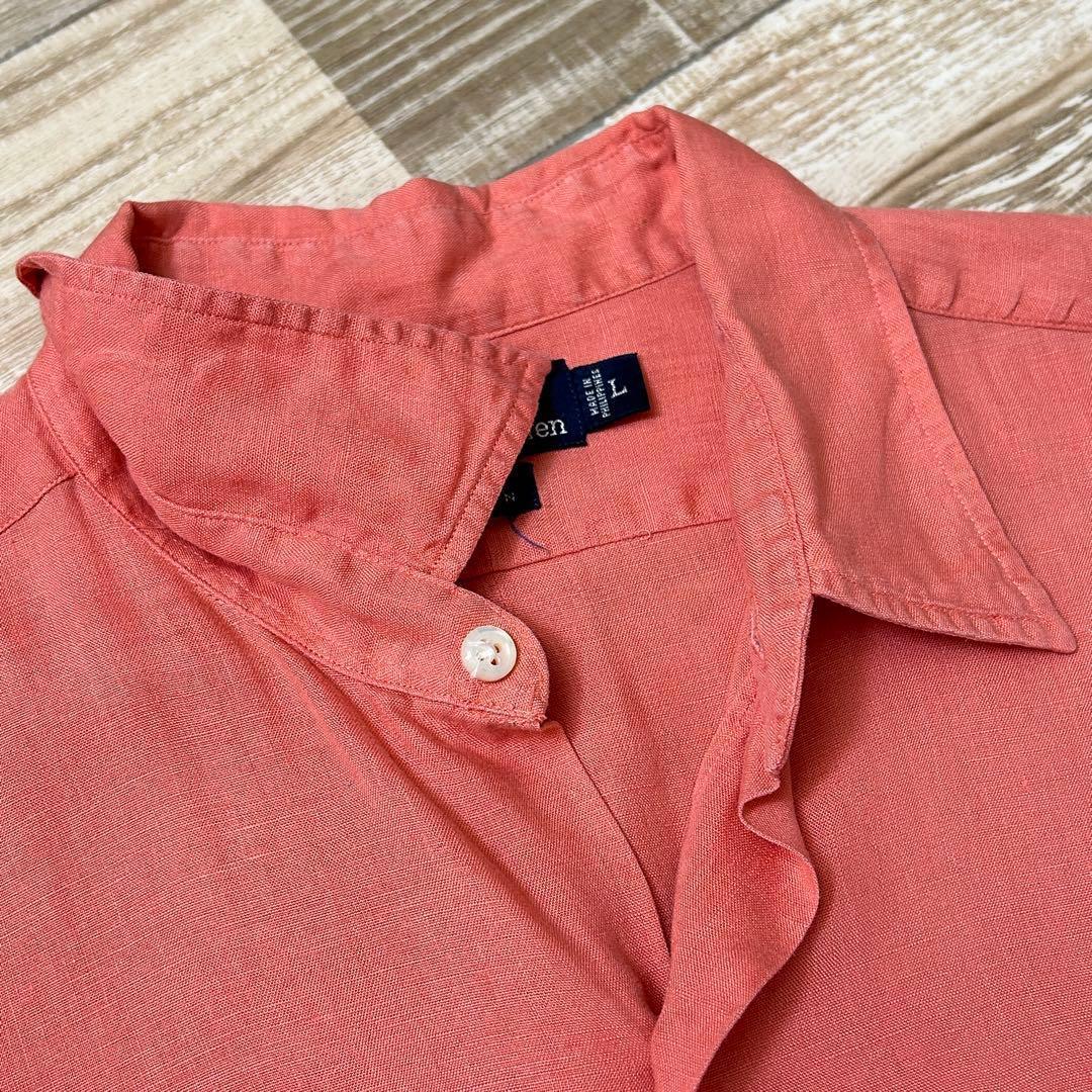 90s ラルフローレン PRATT 長袖シャツ 無地 サーモンピンク リネン L