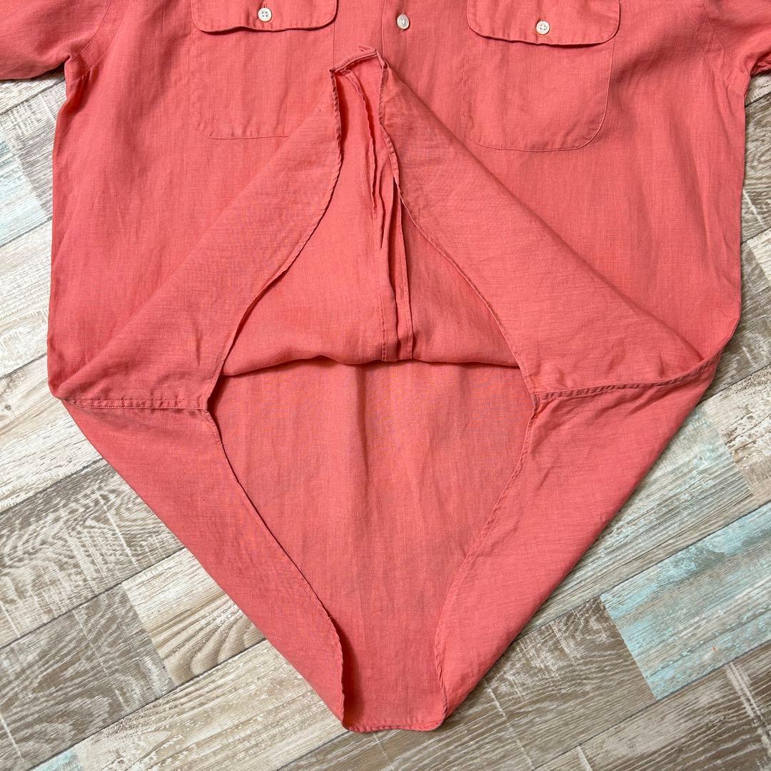 90s ラルフローレン PRATT 長袖シャツ 無地 サーモンピンク リネン L