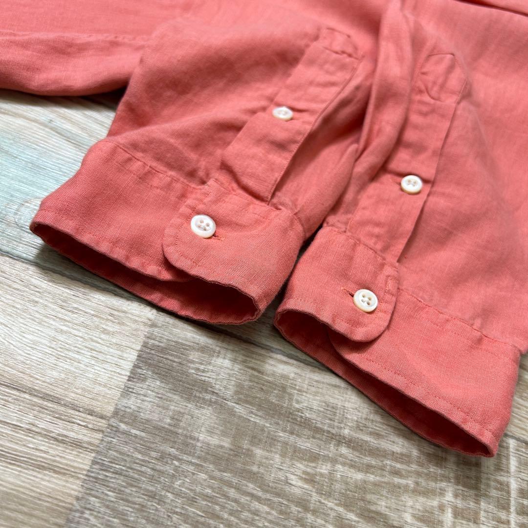 90s ラルフローレン PRATT 長袖シャツ 無地 サーモンピンク リネン L