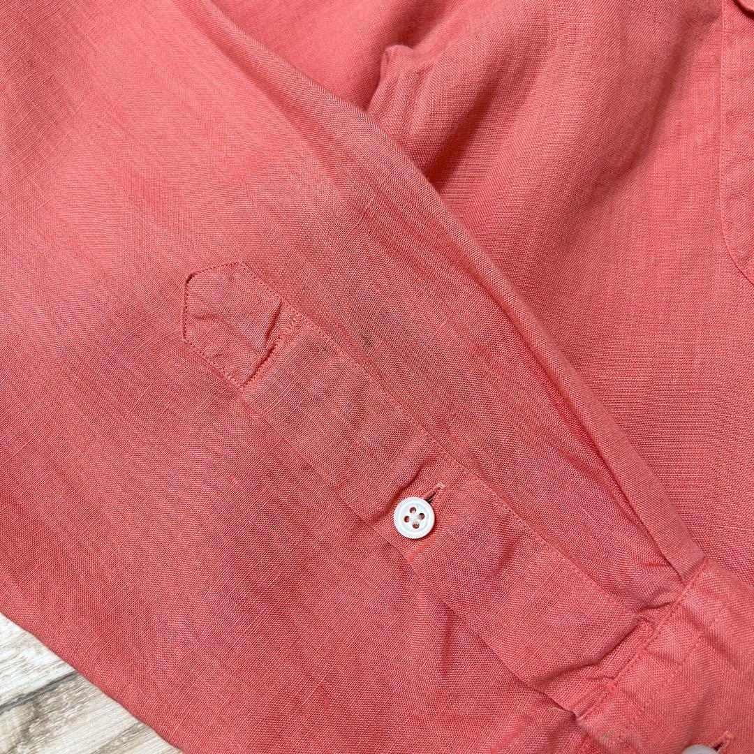 90s ラルフローレン PRATT 長袖シャツ 無地 サーモンピンク リネン L