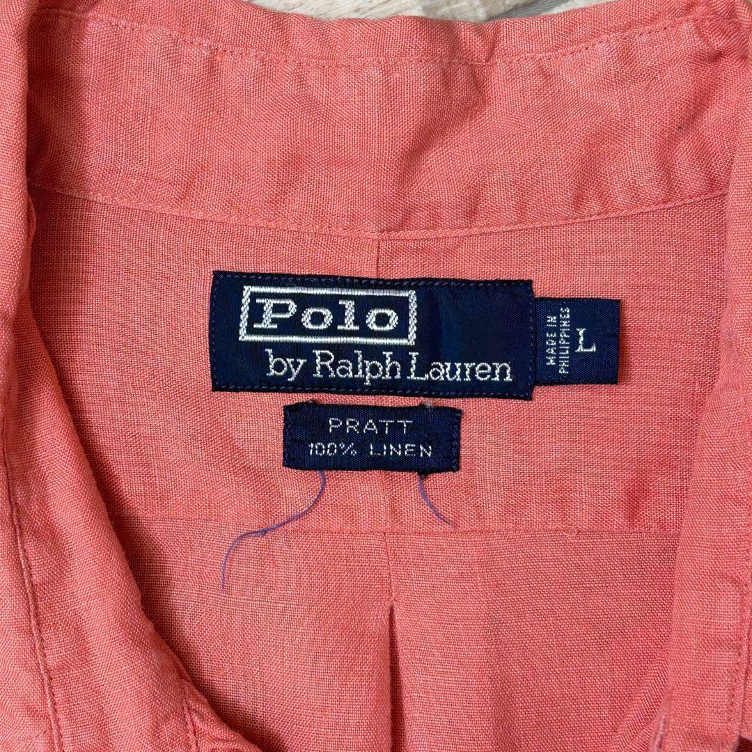 90s ラルフローレン PRATT 長袖シャツ 無地 サーモンピンク リネン L