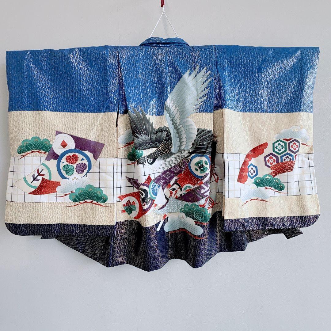 七五三　５歳男の子　羽織はかま袴　青系　鷹松紗綾形　ゴールド系　7275