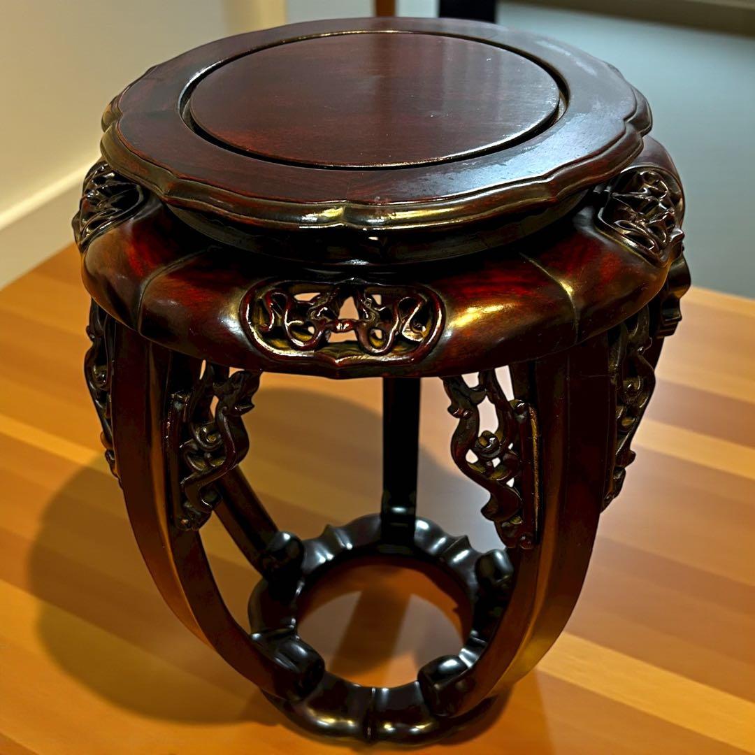 極上 唐木 花台 紫檀調 五足 飾台 花瓶台 香炉台 透かし彫り 高級 和家具