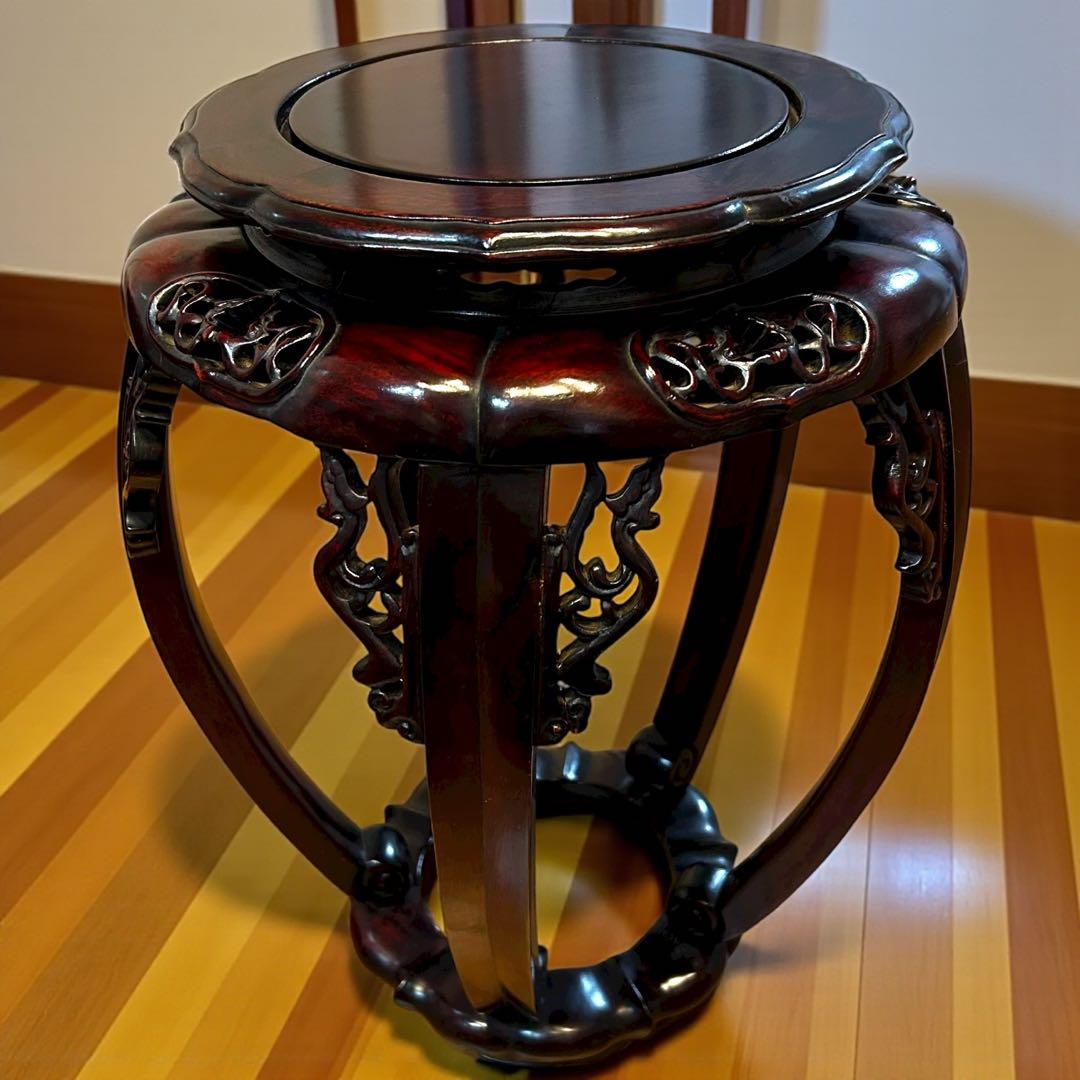 極上 唐木 花台 紫檀調 五足 飾台 花瓶台 香炉台 透かし彫り 高級 和家具