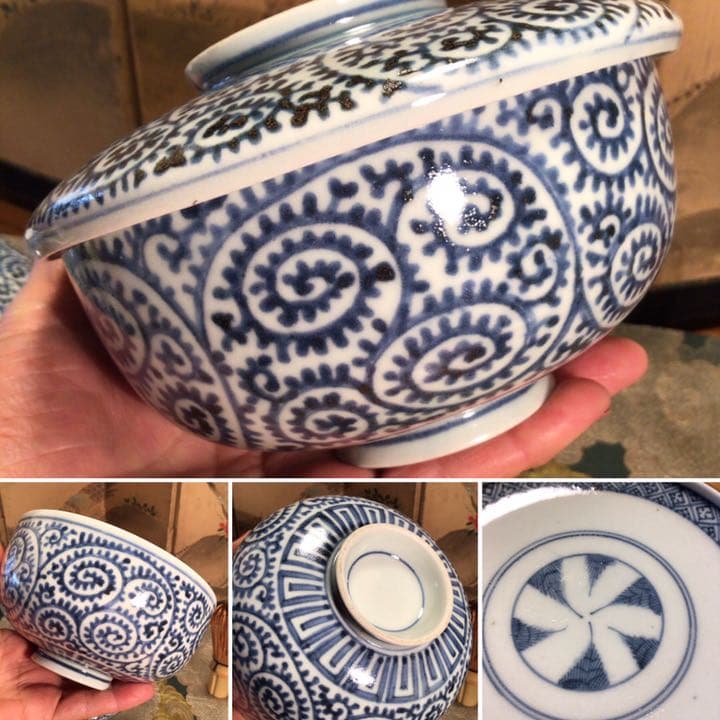 A341 古伊万里　染付　蛸唐草紋様　蓋付丼　蓋茶碗　5客