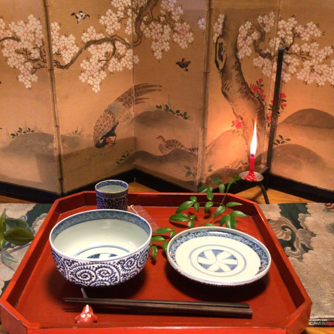 A341 古伊万里　染付　蛸唐草紋様　蓋付丼　蓋茶碗　5客