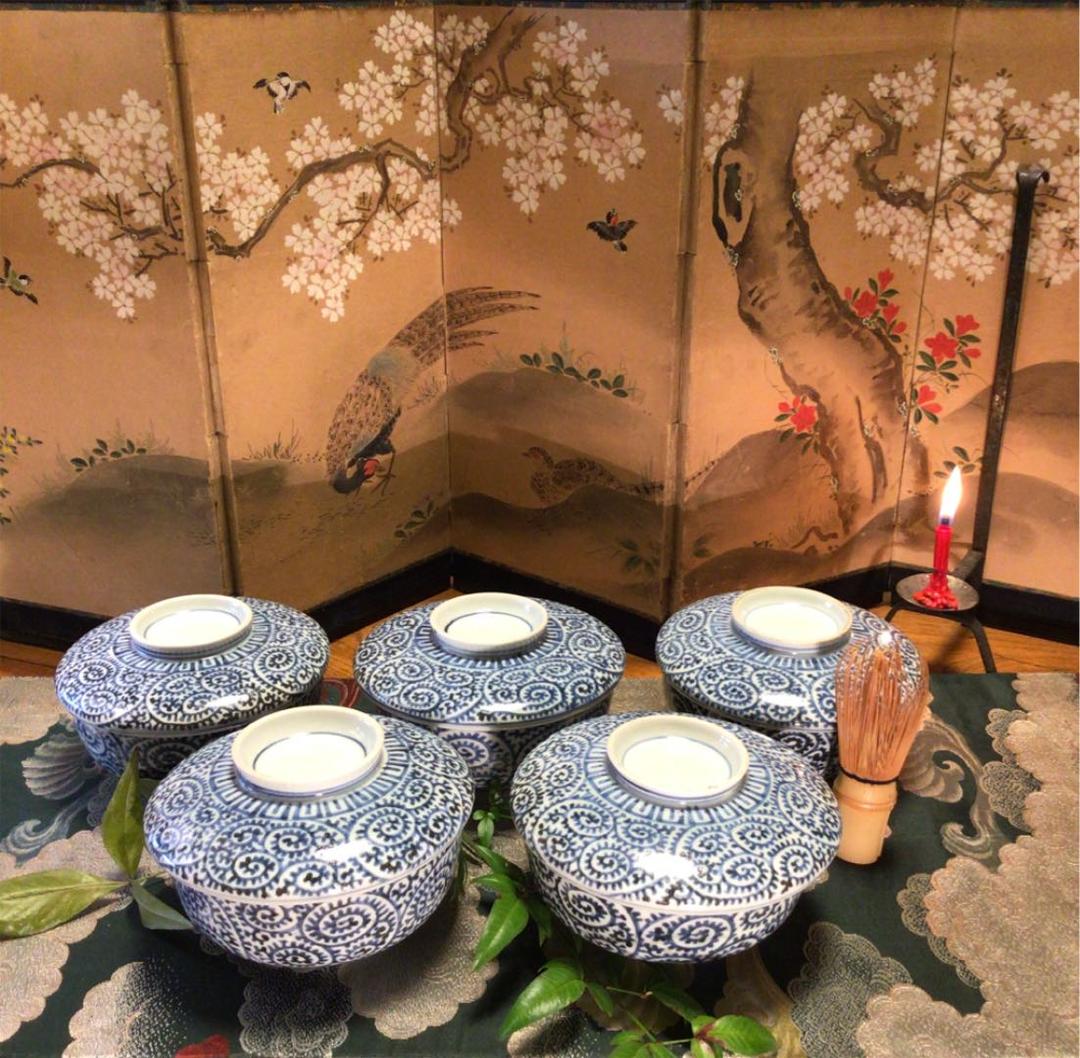 A341 古伊万里　染付　蛸唐草紋様　蓋付丼　蓋茶碗　5客