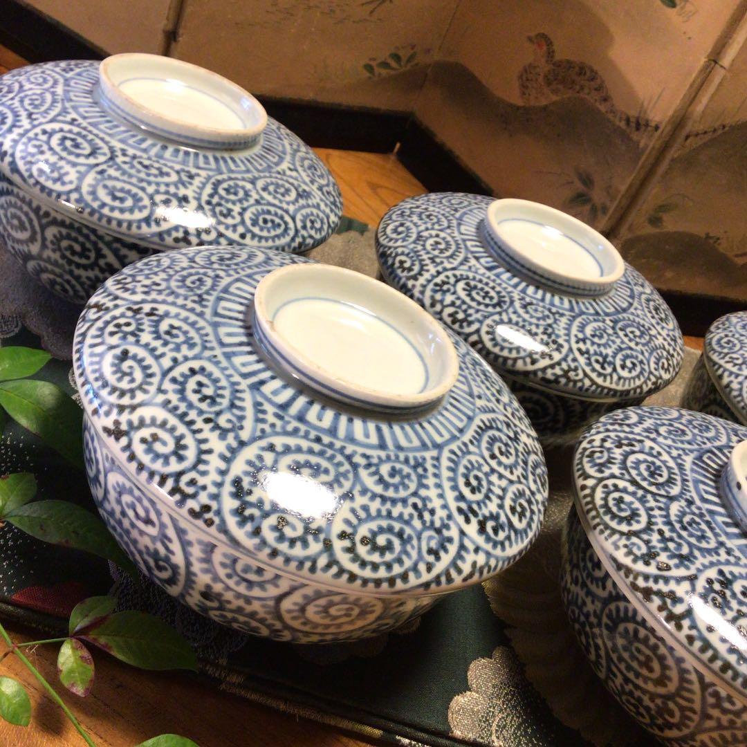A341 古伊万里　染付　蛸唐草紋様　蓋付丼　蓋茶碗　5客