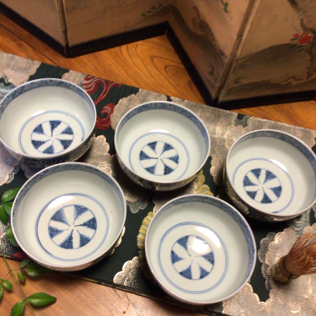 A341 古伊万里　染付　蛸唐草紋様　蓋付丼　蓋茶碗　5客