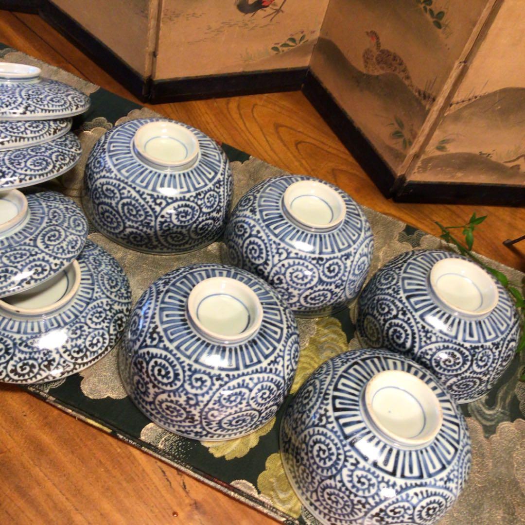 A341 古伊万里　染付　蛸唐草紋様　蓋付丼　蓋茶碗　5客